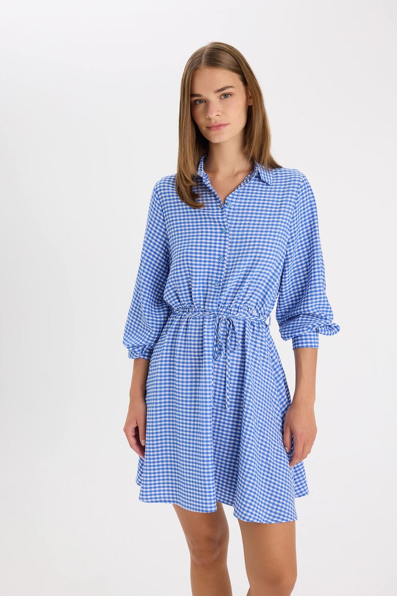 DeFacto Blue Woman Shirt Collar Modal Long Sleeve Mini Dress Casual - Image 3